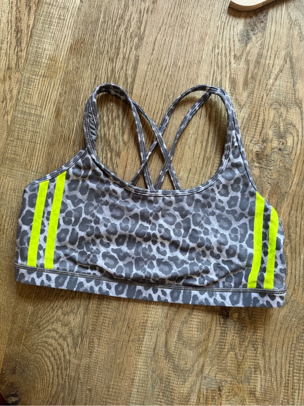 Gray Leopard Print Sports Bra with Neon Yellow Stripes